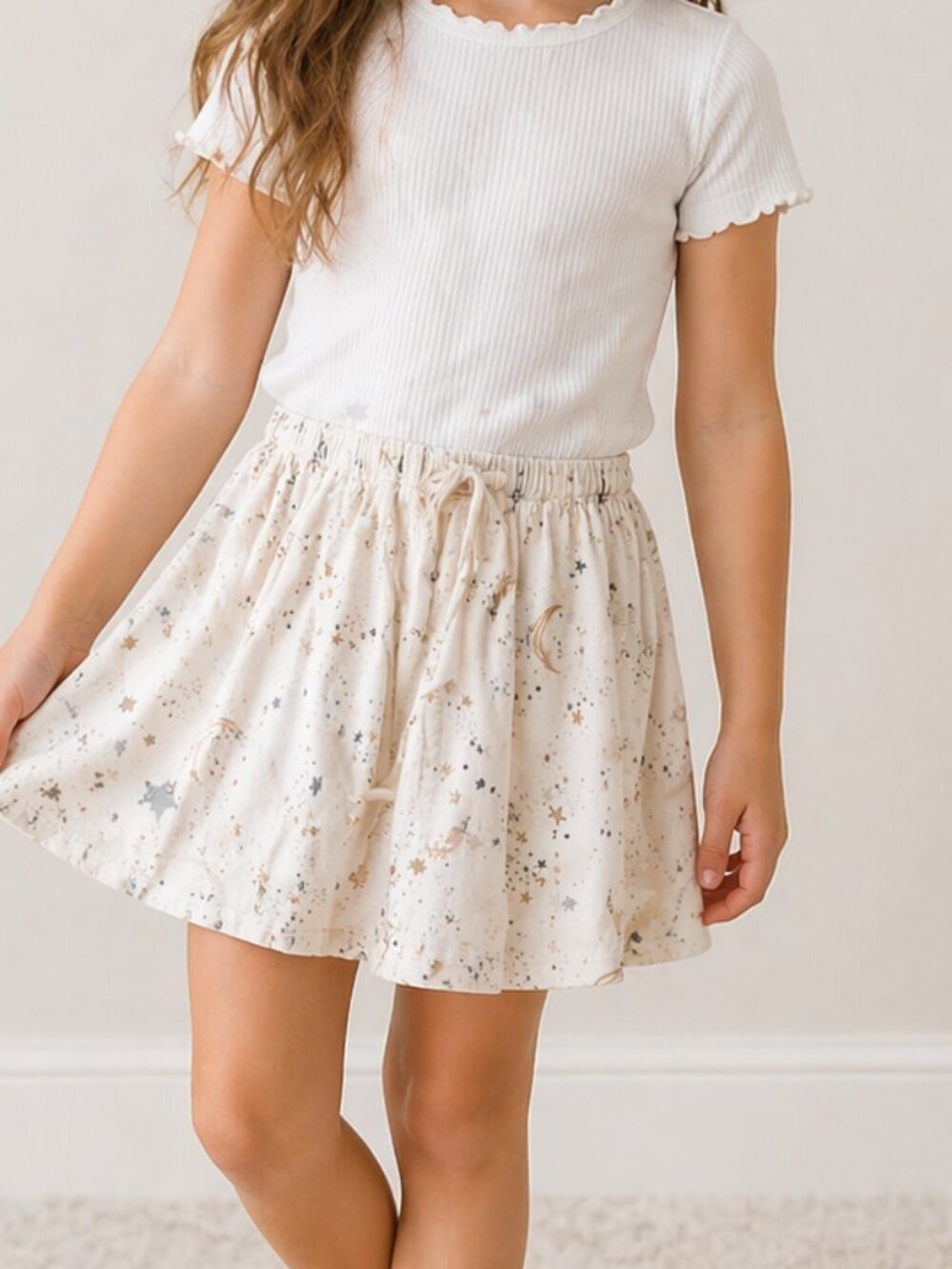 Girls' White Star & Moon Print Skirt